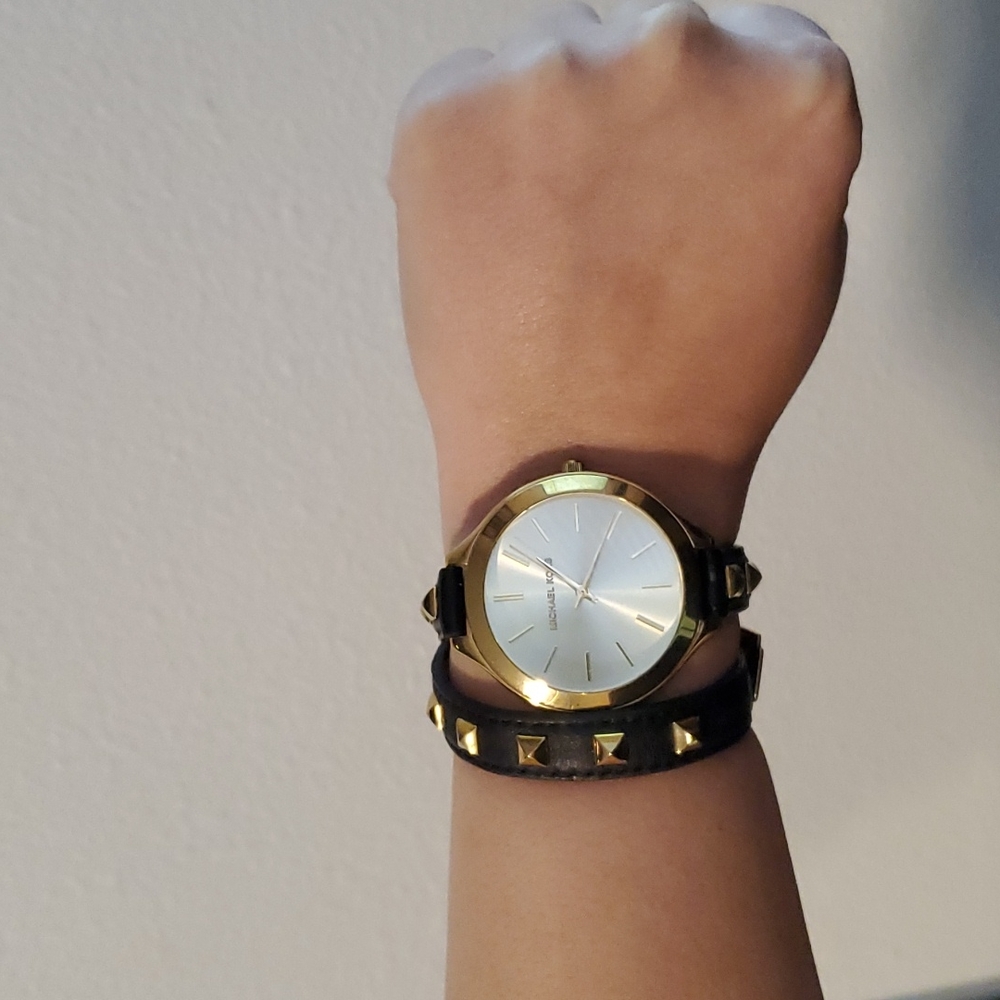 Michael Kors Runway Studded Wraparound Watch - Black Leather